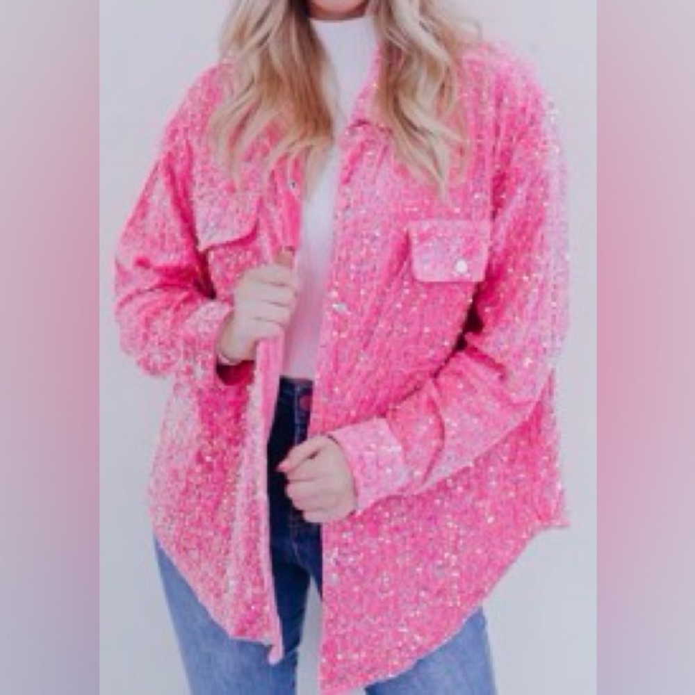 White Birch Pink Sequin Button-Front Shacket, 2XL